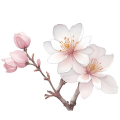 Cherry blossom or sakura branch isolated on white background. Spring Flowers. Watercolor illustration.