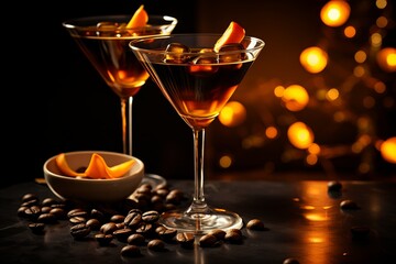 Espresso Martini Cocktails with Coffee Beans, Copy Space for Text, Alcoholic Beverages with Caffeine
