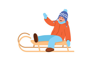 funny little boy sledding. Vector illustration flat