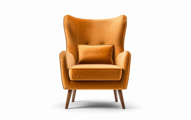 Isolated ocher armchair with a pillow. Vintage velvet chair. Modern ocher armchair on a white background