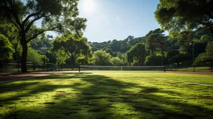 Naklejka premium Tennis Court: A picture capturing an empty tennis court with neatly maintained lines and a net waiting for players.