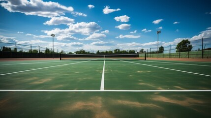 Tennis Court: A picture capturing an empty tennis court with neatly maintained lines and a net waiting for players.
