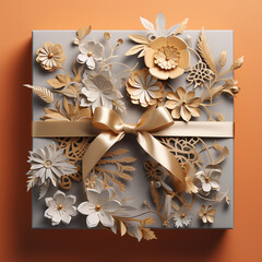 White and grey giftbox decorated with golden paper-like flower on a reflective floor with orange background with shadow