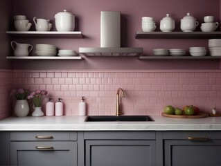 Fototapeta na wymiar Grey kitchen cabinets and white countertop near pink herringbone tiled backsplash