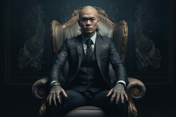 Triad brother in suit sitting in luxury armchair. Assured serious Asian man with tattooed hands. Generate ai - obrazy, fototapety, plakaty