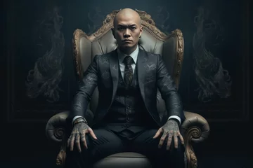Fototapeten Triad brother in suit sitting in luxury armchair. Assured serious Asian man with tattooed hands. Generate ai © nsit0108