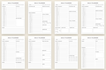 Minimalist printable planner page templates. schedule, priority, call, email, goals, to do, water intake, lunch plan, dinner plan, mood, breakfast, snack, notes for the day. Daily Planner Bundle. - obrazy, fototapety, plakaty