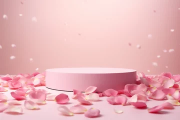 Selbstklebende Fototapeten Pink product podium placement on solid background with rose petals falling. Luxury premium beauty, fashion, cosmetic and spa gift stand presentation. Valentine day present showcase. generative ai. © SEUNGJIN