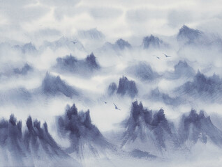 Mountain panorama in the mist watercolor background