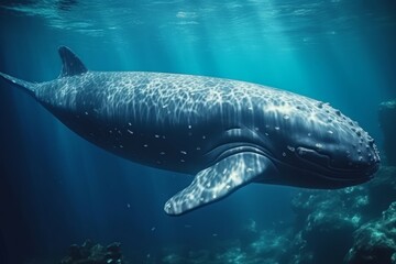 Naklejka premium Underwater whale swimming. Oceanic depth fishing huge creature. Generate ai