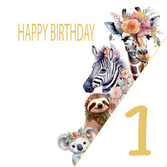Happy Birthday. First years, African animals. Koala, giraffe, zebra, sloth and heart in flowers. Vector Template for an invitation to a celebration. Invitations, greetings, blanks for the designer