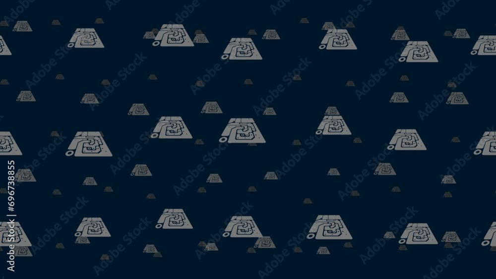 Poster printed circuit boards float horizontally from left to right. parallax fly effect. floating symbols 
