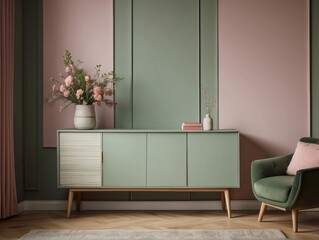 Wooden pastel green cabinet on parquet floor against green and pink wall with copy space