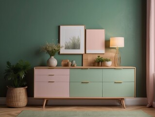 Wooden pastel green cabinet on parquet floor against green and pink wall with copy space