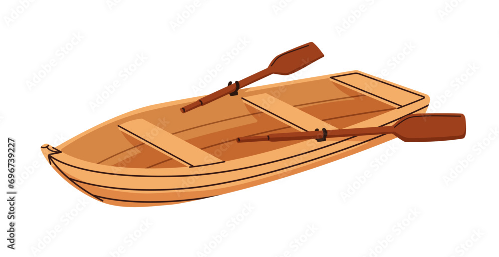 Canvas Prints Wooden rowing boat with paddles. Lake and river vessel with oar. Small wood vehicle, water transport with seats for leisure. Flat vector illustration isolated on white background