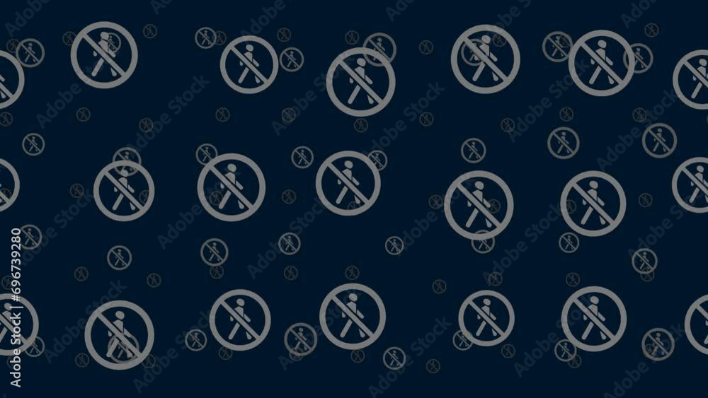 Poster pedestrian traffic prohibited signs float horizontally from left to right. parallax fly effect. floa
