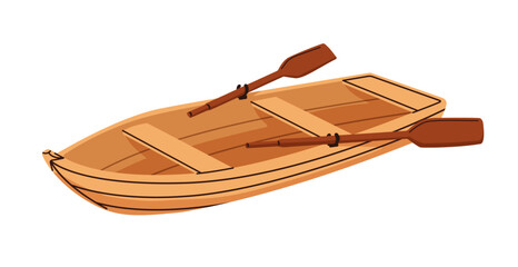 Wooden rowing boat with paddles. Lake and river vessel with oar. Small wood vehicle, water transport with seats for leisure. Flat vector illustration isolated on white background © Good Studio