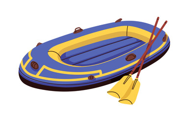 Inflatable rubber boat with oars. Water transport, rowing vessel with paddles. Rafting vehicle for recreation, leisure. Lifeboat. Flat vector illustration isolated on white background