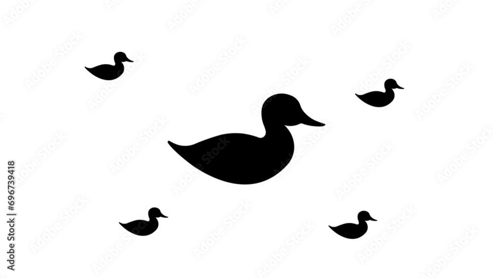 Poster zoom in and out animation the duck symbol. large black symbol in the center and four small symbols a