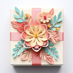 Top view of a pastel yellow giftbox decorated with pink ribbon, papercut colorful flowers and green leaves on white background  with shadow