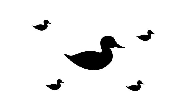 Zoom in and out animation the duck symbol. Large black symbol in the center and four small symbols around. Seamless looped 4k animation on white background