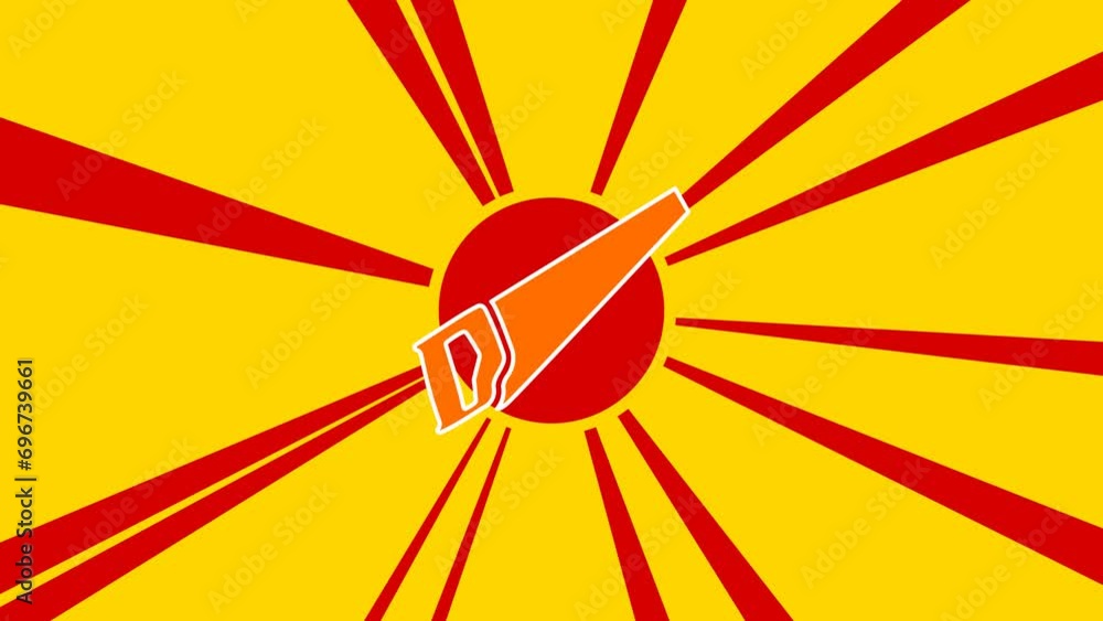 Poster hand saw symbol on the background of animation from moving rays of the sun. large orange symbol incr
