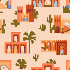 Morocco, seamless pattern. Moroccan architecture, endless background design. Medina and Marrakech buildings, repeating print for textile, wallpaper. Printable Marrakesh. Flat vector illustration