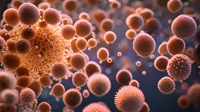 A 3D video demonstration of microscopic cells and microorganisms with high magnification and orbiting camera motion. Generative AI Video.