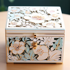 White box decorated with flowers, leaves, and golden edging stlye on a table