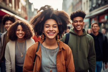 Fototapeta premium Happy young interracial students chatting with each other after class standing outside. Guy and girls wear casual clothes to study. Lifestyle concept, sincere emotions