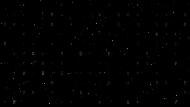 Template animation of evenly spaced glass symbols of different sizes and opacity. Animation of transparency and size. Seamless looped 4k animation on black background with stars