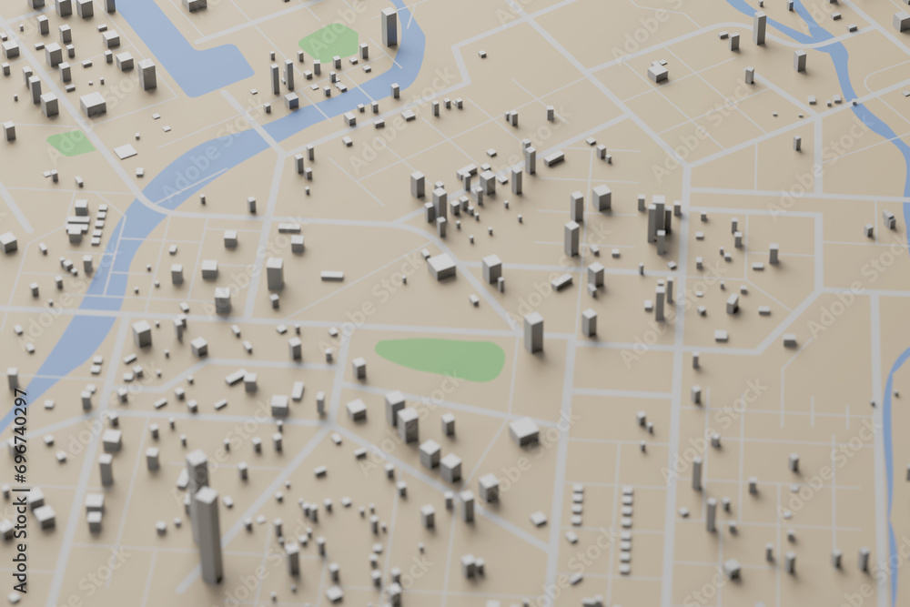 Poster 3d rendering city map illustration of a city map created using 3d modeling. top view of urban map wi
