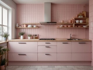 Scandinavian, french country style modern interior design of pastel colored kitchen