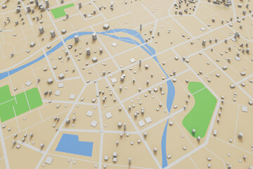 3D rendering city map illustration of a city map created using 3D modeling. Top view of Urban map...