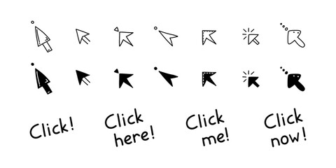 Doodle click here button set. Different mouse cursors with lettering for website or computer application, hand drawn vector arrow pointer