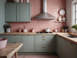 Fototapeta na wymiar Scandinavian, french country style modern interior design of pastel colored kitchen
