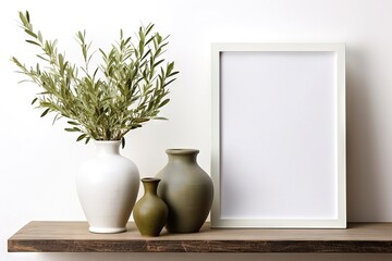 Textured design vase, pot with olive tree branches on a wooden shelf. Monotone wall background with copy space, blank, frame. Mediterranean interior inspiration. - obrazy, fototapety, plakaty