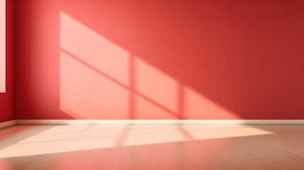 red wall and smooth floor with beautiful window shadow and sun glare. Universal background for product presentation.