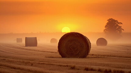 Misty morning sunrise with hay bails in a field 