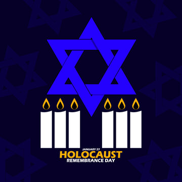 International Holocaust Remembrance Day event banner. Stars of David symbol of Jewish flag with white candles burning and bold text on dark blue background to commemorate on  January 27