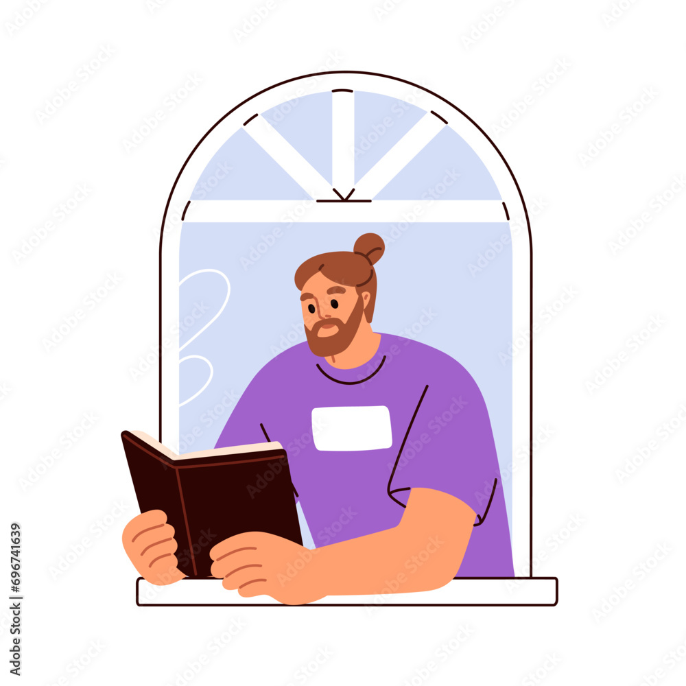 Poster man reading book, looking out open window. reader studying at home, apartment. happy character with 