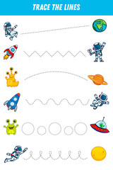 Tracing lines for kids. Cute cartoon astronaut, monster, ufo, planets, rocket. Handwriting practice. Educational game for preschool kids. Activity page.  - obrazy, fototapety, plakaty