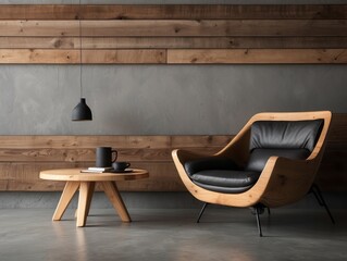 Rustic wooden chair and live edge coffee table against concrete wall with barn wood board wall decor
