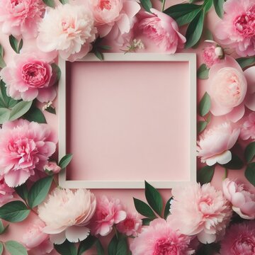 Pink background with peony fresh flowers and petals with the wooden frame for text copy space. 