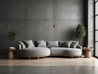 Round curved grey sofa against concrete wall with wooden decor. Loft, minimalist home interior