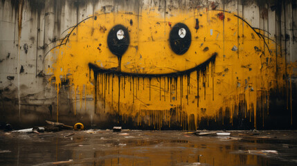 Graffiti emoticon smiling face painted spray on wall. Grunge street art with yellow smiley emoji 