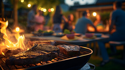 Barbecue party with people in the background, grilled steak, grilled meat, fire, summer party, barbecue in the garden, people having fun, family and friends, bbq - obrazy, fototapety, plakaty