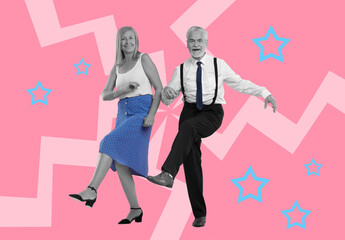 Happy couple dancing on bright background. Creative collage with stylish mature man and woman. Concept of music, energy, party, fashion, lifestyle