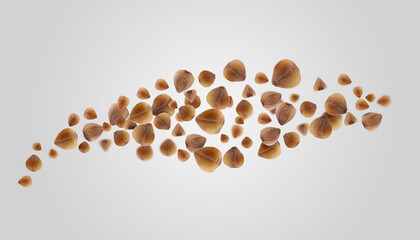 Buckwheat flying on grey background. Grains in air, banner design