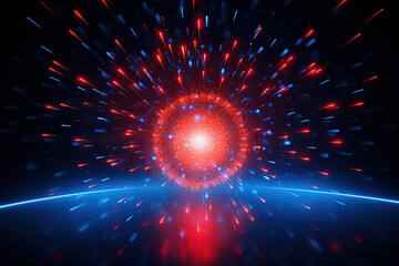 Supernova-like red sphere firework on the horizon and dark background